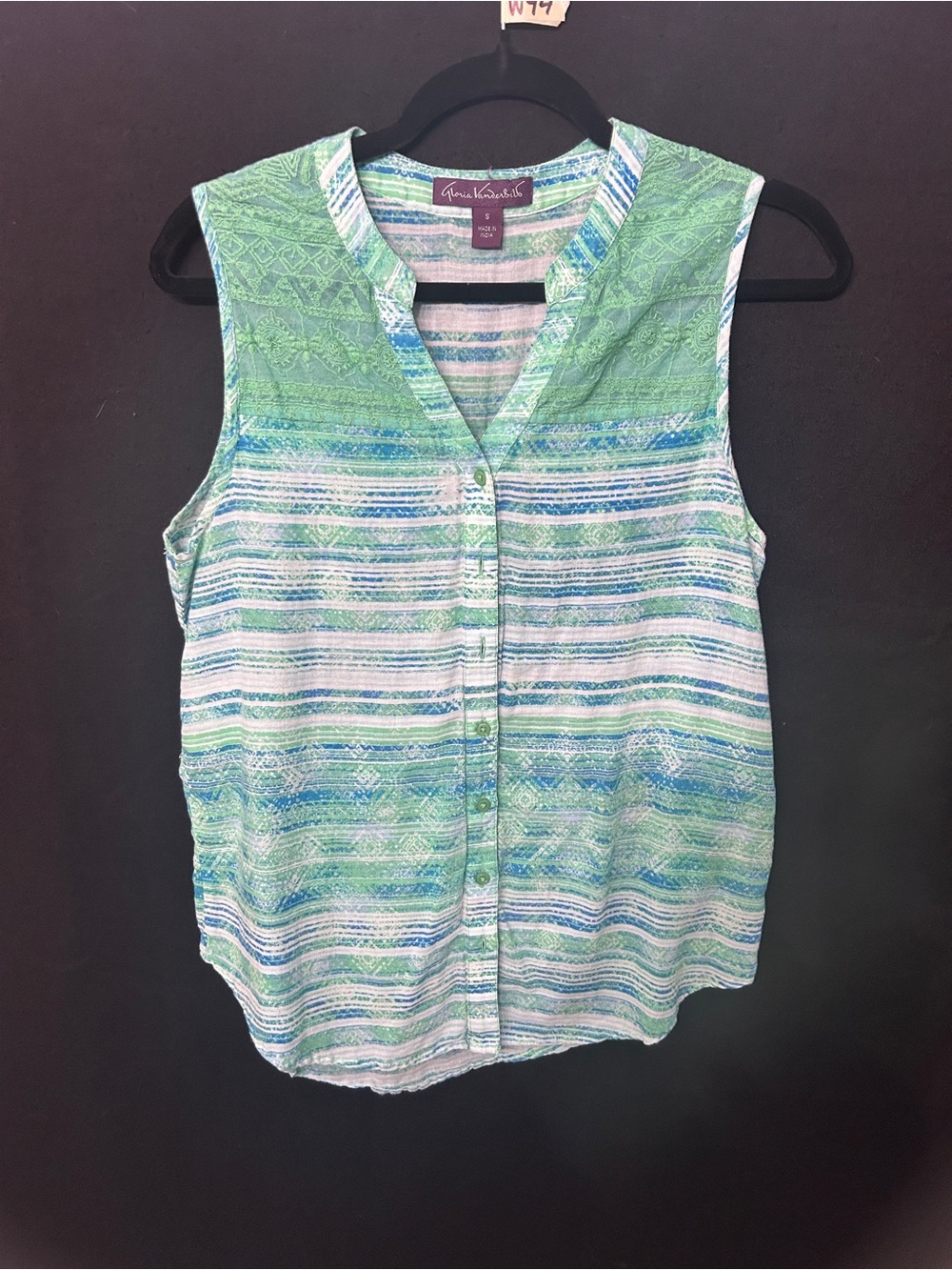 Women’s Gloria Vanderbilt Green Striped Sleeveless Button Tank Small
